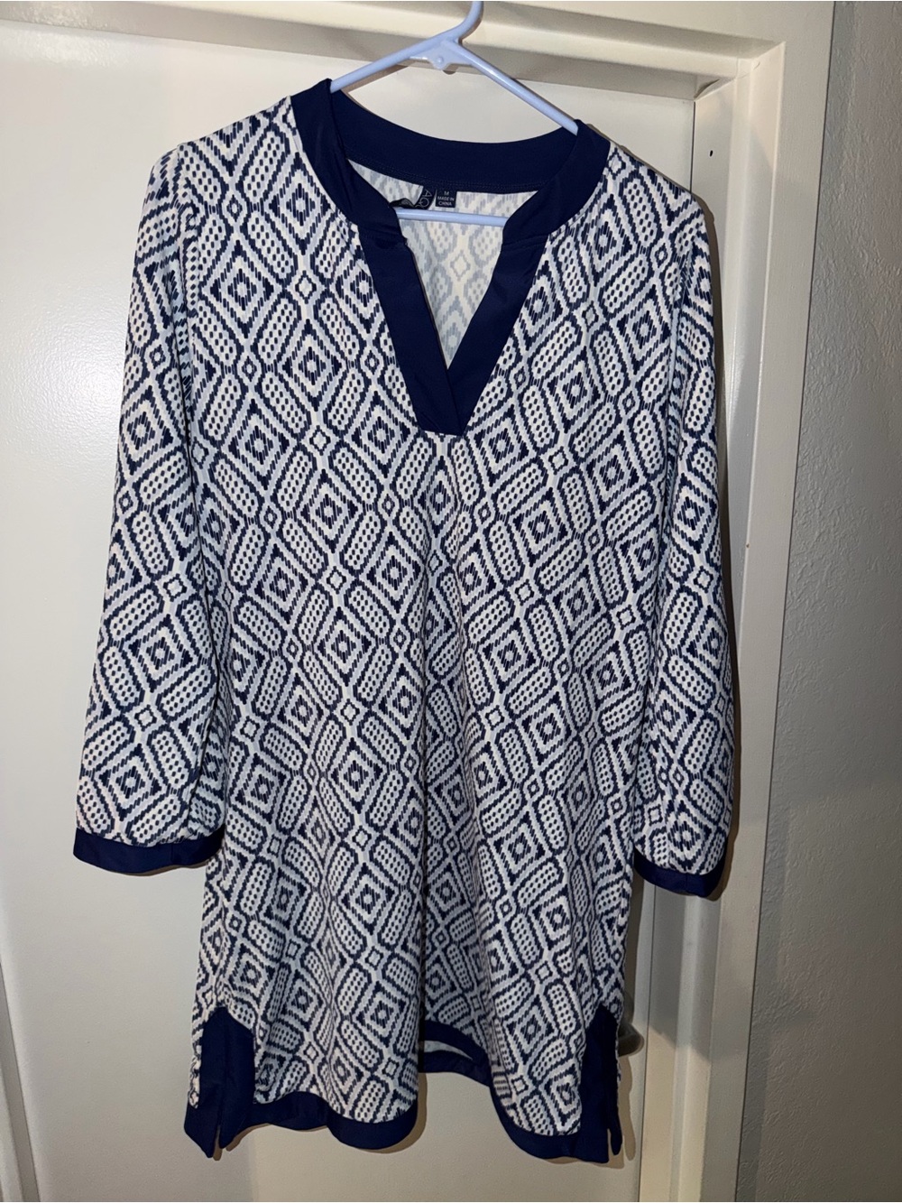 Diamond-Print Navy & White Tunic Top with Contrast Trim